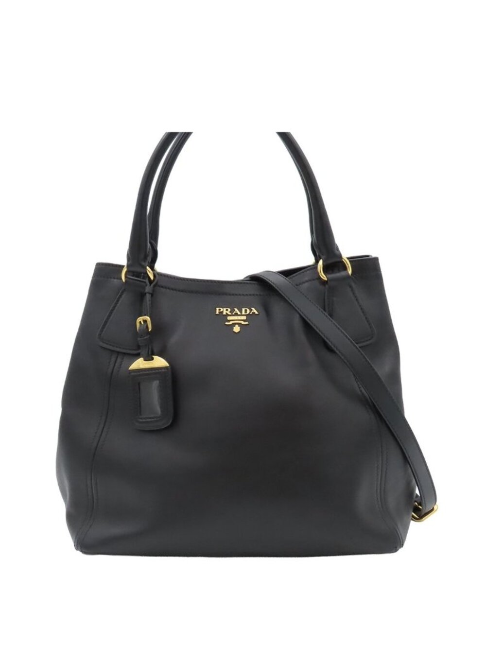 Prada 2-Way Shoulder Bag Black Calfskin Letter Ring Logo